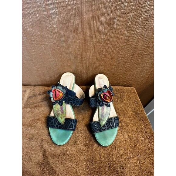 L’Artiste SpringStep Shayla Leather Handmade Floral Wedge Sandals Size 9.5 EU 40 - Picture 1 of 6